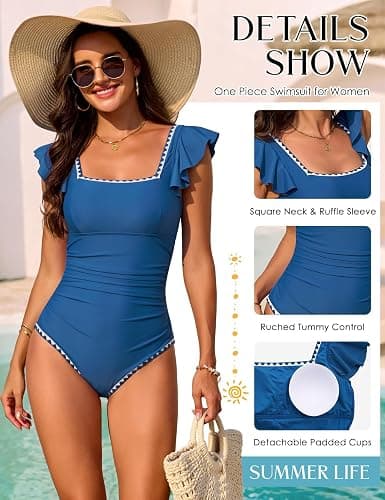 UMIPUBO Tummy Control One Piece Swimsuit for Women Square Neck Ruffled Sleeves White Trim Bathing Suit thumbnail 4