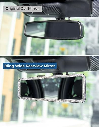 JOYTUTUS Rear View Mirror, Universal 12 Inch Panoramic Rearview Accessories with Bling Rhinestones Crystal Diamonds Edge, Interior Clip-on Wide Angle Rear View Mirror -White thumbnail 2
