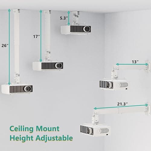 WALI Projector Mount Ceiling/Wall - Universal 3-in-1 Bracket with Extension Pole, Height Adjustable Holder for LCD/DLP Projectors, Supports up to 44lbs, White (PM-003-W) thumbnail 3