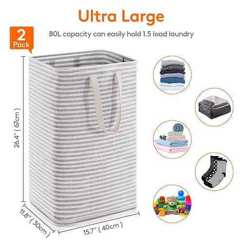 Lifewit 2 Pack Laundry Hamper Large Collapsible Laundry Baskets, Freestanding Waterproof Clothes Hamper with Easy Carry Handles in Laundry Room Bedroom Bathroom College Dorm, Grey, 2 x 80L thumbnail 3
