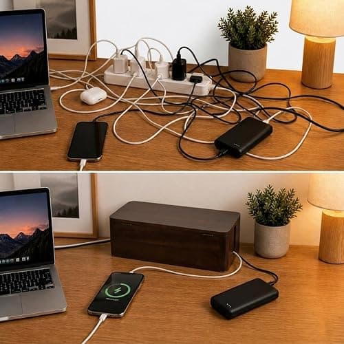 Cable Management Box – Power Strip Organizer – Desk Cord Organizer to Hide Wires & Chargers – Cable Storage Box for Home, Office Desk & Floor Cable Organization (Dark Walnut) thumbnail 4