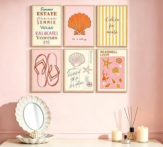 6 Pcs Coastal Style Poster Wall Art,Pink Orange Preppy Style Painting Picture Wall Decor,Beach Seashell and Starfish Canvas Print Artwork,for Bathroom Girl Room Dormitory Home Decoration Unframed thumbnail 8