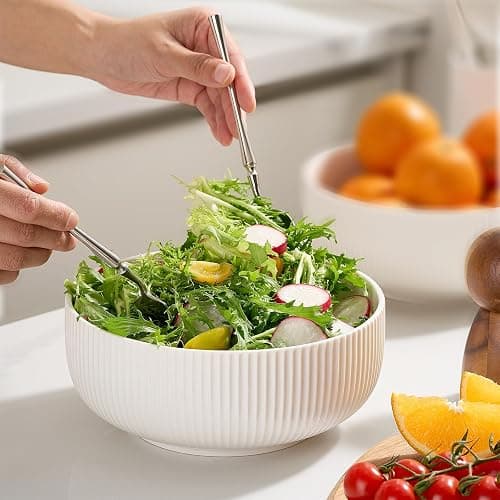 Mfacoy 2 Pack Salad Bowl, 8 inch 60 oz Large Serving Bowl Set, Deep Bowl for Kitchen, White Ceramic Bowl Set for Soup, Cereal, Ramen, Pasta, Salad, Dishwasher & Microwave Safe, Easy Clean thumbnail 7