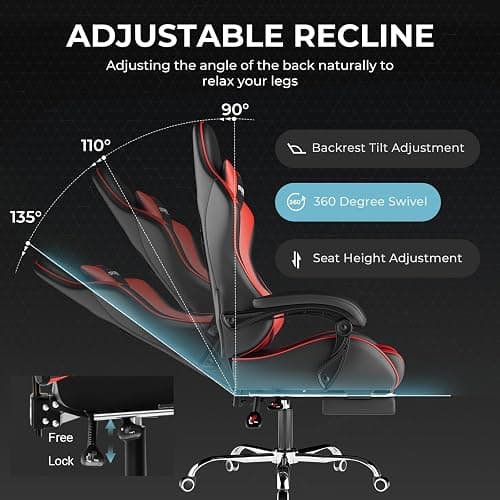 GTPLAYER Gaming Chair, Computer Chair with Footrest and Lumbar Support, Height Adjustable Game Chair with 360°-Swivel Seat and Headrest and for Office or Gaming (Faux Leather, Red) thumbnail 7