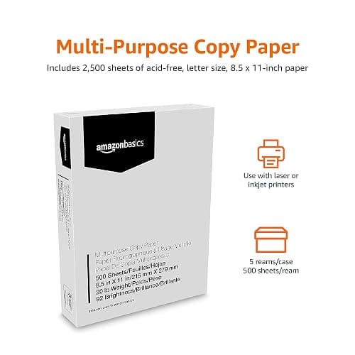 Amazon Basics Multipurpose Copy Printer Paper, 20 lb, 8.5 x 11 Inches, 5 Reams (2,500 Sheets), 92 Bright White thumbnail 3