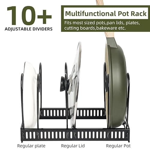ROOHUA Pot Rack -Expandable Pan Organizer for Cabinet, Lid Holder with 10 Adjustable Compartment for Kitchen Cabinet Cookware Baking Frying Rack thumbnail 4