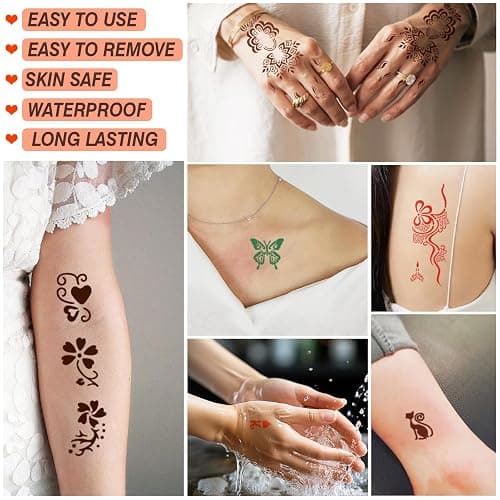 MuseLuxe Temporary Tattoos Stencils Kit,Temporary Tattoos Kit - 8 Pcs 4 Color(Brown,Black,Cherry red,Green), Ink with Gloves,DIY Body Art Painting for Women Men Adults Kids thumbnail 4
