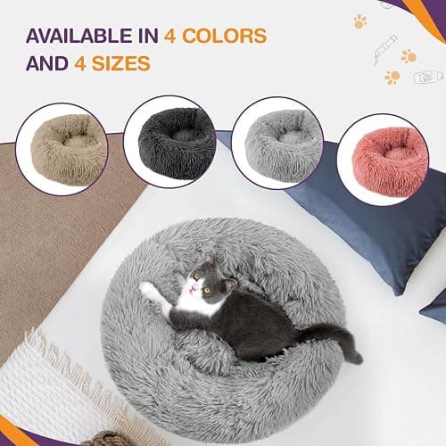 ELYF Plush Donut Cat Bed for Indoor Cats (50cm) - Calming Dog Bed Self-Warming Round Pet Cushion with Anti-Slip, Waterproof Base & Reversible Design, Machine Washable - Grey - Light Grey - 50 x 50 x 17 cm thumbnail 7
