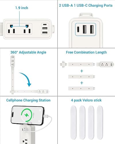 Outlet Extender Stick, 360° Rotatable Modular Plug Expander with 2 AC Outlets, USB-A & USB-C Ports, Free Combination 9” to 36”, Wall Socket Extender for Nightstand, Sofa, Bed, Cabinet, Home & Dorm thumbnail 7