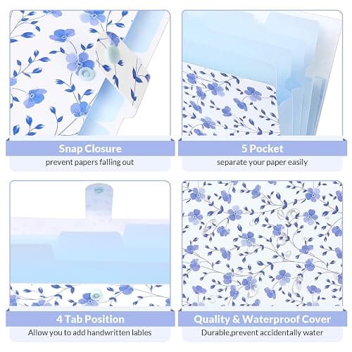 SKYDUE Expanding File Folder with 5 Pockets, Floral Accordion File Organizer for Important Document, Portable Receipt Paper Organizer, School Office Supplies,Blue thumbnail 5