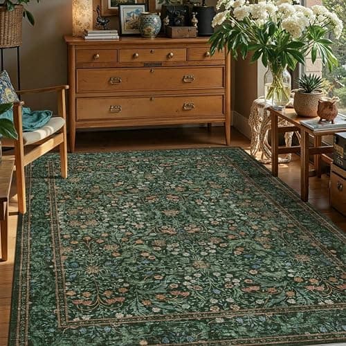 Rugxara 5x7 Area Rugs for Living Room Bedroom, Large Washable Rug, Green Vintage Floral Boho Rug, Non Slip & Low Pile Faux Wool Thin Carpet for Indoor Dining Room and Kids Room(Green 5x7ft) thumbnail 2