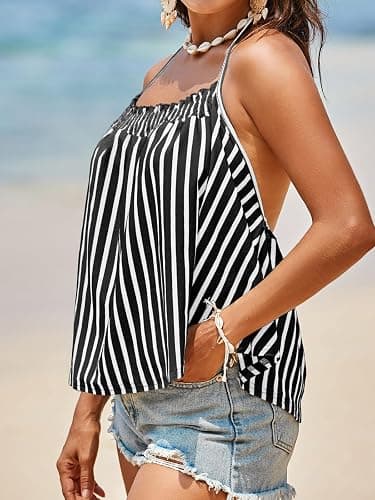 Tankaneo Womens Striped Halter Camisole Tank Tops Vacation Open Back Crop Tops Flowy Pleated Y2k Tshirts thumbnail 2