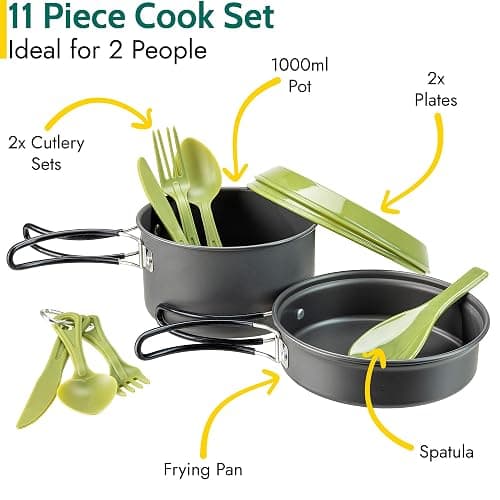 Trail Camping Cookware Set 11pc, 2 Person Outdoor Camp Cooking Kit, Non Stick Hard Anodised Aluminium, 1L Cook Pot, Frying Pan, Spatula, Plates, Cutlery Sets, Lightweight Portable Stackable with Bag thumbnail 2