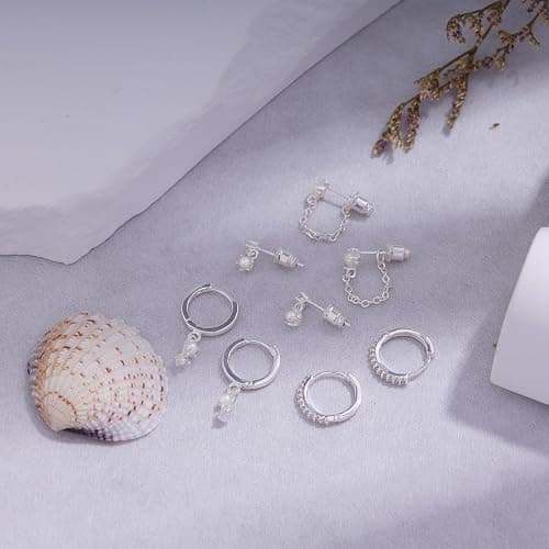 Gold Earrings for Women, 14k Gold Plated Dangle Huggie Earrings for Women Trendy Dainty Gold Hoop Earring Stacks Hypoallergenic Pearl Chain Drop Cartilage Earring Fashion Womens Jewelry thumbnail 6