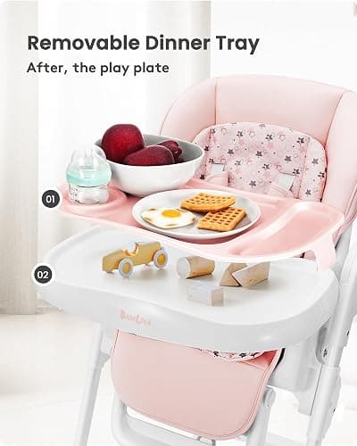 Babilous Foldable High Chair with Soft Cushion, High Chairs for Babies and Toddlers, Height Adjustable Feeding Chair, Adjustable Backrest and Footrest, Lockable Wheels, Star Pink thumbnail 7