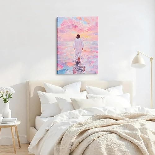 Jesus Canvas Wall Art Pink Jesus Walks on Water Painting Picture Wall Decor Religious Savior Wall Art Christian Bible Stories Poster print Artwork for Living Room Bedroom Church Decor 24x36in canvas thumbnail 6