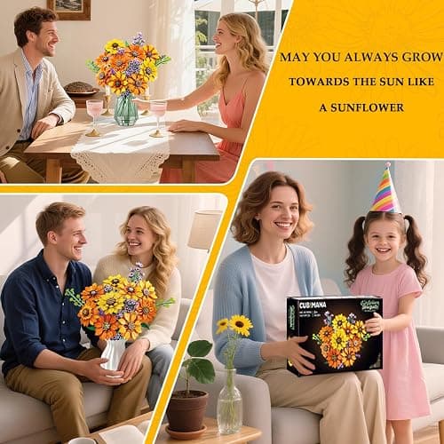 CUBIMANA Flowers Sunflower Bouquet Building Set with Lights - 17 Flowers Botanical Collection Artificial Plant Sunflower Building Blocks Art Home Decor Valentines Gifts for Adults Women Girl (1011PCS) thumbnail 9