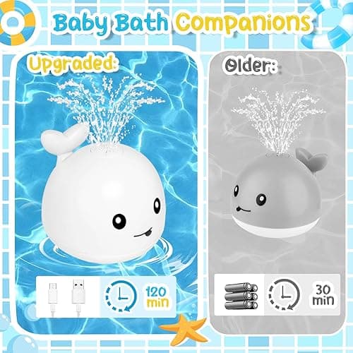 TFS TOP·FANS Whale Bath Toy Baby Gifts: Bath Toys for Toddlers 1-3 Sprinkler Light Up Bathtub Water Stuff Shower Newborn Boy Essentials 3 4 5 7 8 9 18 Pool 6-12 Month Old Girls Birthday Accessories - White thumbnail 4