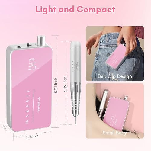 Makartt Nail Drill Professional: 60W 35000RPM Electric Nail File with Coreless Motor, 2 in 1 Desktop & Portable, Drill Bits and LCD Display for Acrylic Gel Nails, Nouvella Pink thumbnail 5