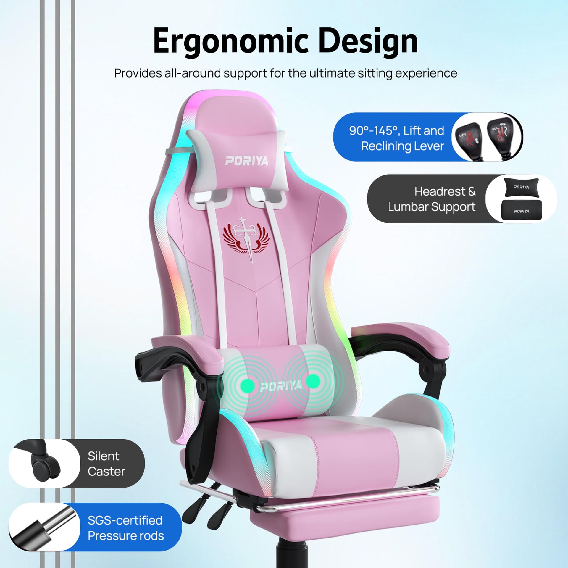 Gaming Chair with Adjustable Backrest, Ergonomic Executive Office Chair, Height Adjustable Racing Chair Maximum Gaming Experience (Pink Massage&LED) thumbnail 3