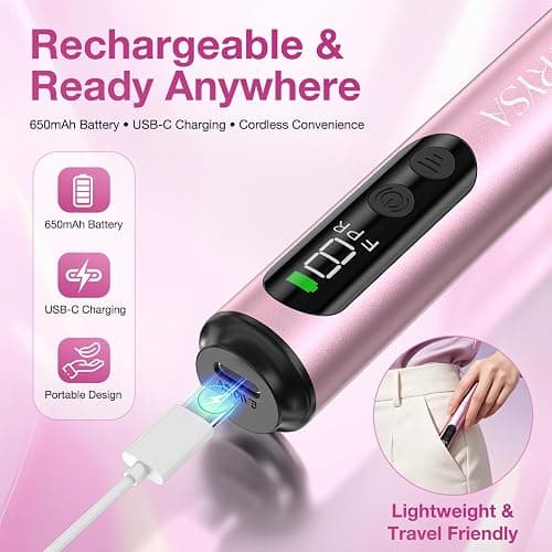 PYRYSA Cordless Electric Nail Drill File, Professional Nail Drill Machine for Acrylic Gel Dip Powder Polish, LED Display, Rechargeable Portable Manicure Pedicure Kit for Beginners Home & Salon, Pink thumbnail 4