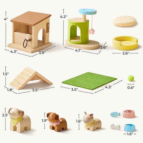 Tiny Land Wooden Dollhouse Animal Set for Toddlers, Dollhouse Accessories & Dolls House Furniture Sets for Toddlers, Montessori Pretend Play Family Pets Set Toys, Gift for Kids Age 3+ thumbnail 2