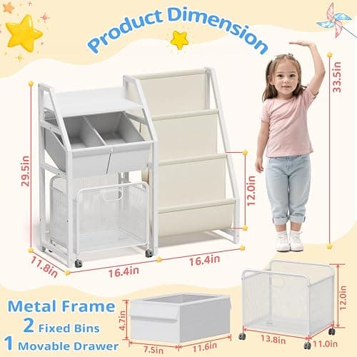 LATIBELL Kids Bookshelf Toy Storage Organizer & 2 Bins，3 Tier White | Kids Bookcase Equipped With Movable Drawer And 2 Toy Bins, Storage Organizer For Bedroom, Playroom And Classroom thumbnail 2