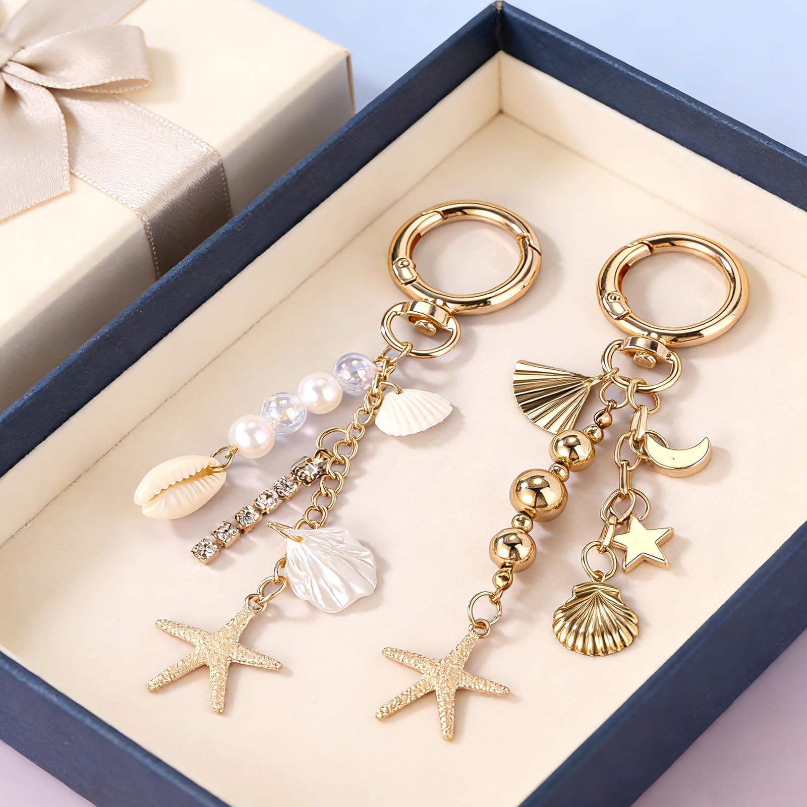 Mikovivi 2pcs Beach Keychains for Women, Gold Plated Starfish Shell Key Chains Beach Bag Charms with Coastal Theme Accessories for Your Summer Travel Bag (2 Styles) thumbnail 7