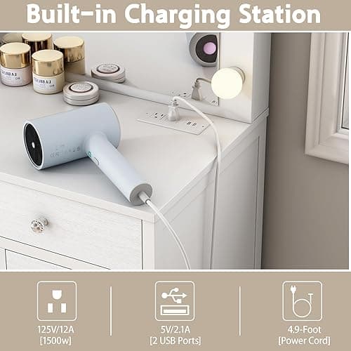 44.1" Vanity Desk with Power Outlet, Makeup Vanity with Mirror and 14 LED Light, 3 Lighting Modes,11 Drawer Vanity Table with Jewelry Storage, Cloth Drawer for Bedroom, White thumbnail 5