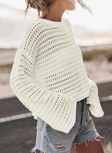 Sidefeel Womens Summer Sweaters 2026 Lightweight Casual Long Sleeve Crochet Tops Hollow Out Knit Pullover Clothing thumbnail 2