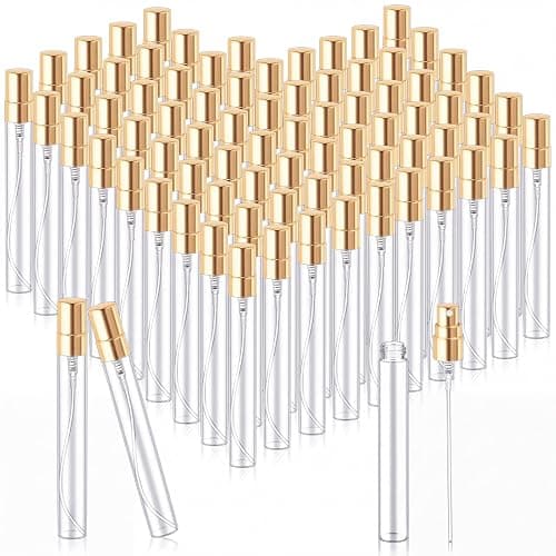 Zhehao 50 Pcs Mini Spray Bottles, Perfume Bottle, Gold Cap, 10 Ml | Clear Glass Bulk Refillable Fine Mist Perfume Atomizer, Portable Empty Sample Containers for Cleaning, Essential Oils, Travel - Image 1