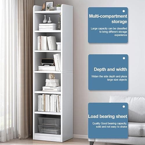 yifaeux Tall Narrow Bookcase with Shelves, 6 Tier Wood Book Shelf Storage Organizer, Modern White Corner Bookcase with Storage，Standing Shelf Unit for Bedroom, Living Room White White thumbnail 7