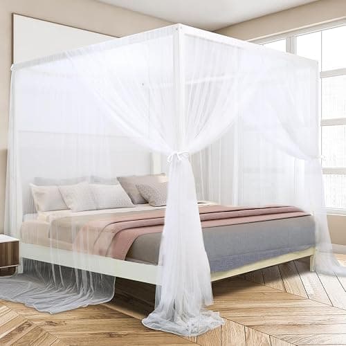 South To East White Canopy Bed Curtains, 4 Corner Post Queen King Bed Canopy for Girls & Adults, Top Luxurious Bed Drapes for Bedroom Decoration, 4 Openings, 100% Ripstop Polyester, Easy Install - Image 1