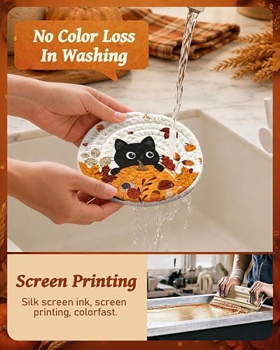 Kokaaee 4pc Braided Cotton Coasters Set, Fall Cat & Pumpkin Decor | 4.3",Absorbent,Heat-Resistant,with Holder,Woven Cloth Fabric,for Drinks Coffee Home Office Party Desk Table thumbnail 5
