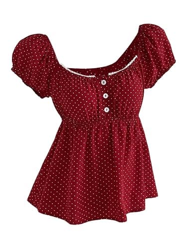 Verdusa Women's Cute Babydoll Tops Polka Dots Flowy Going Out Outfits | Peplum Tops For Teen Girls, Summer Flowy Tops, Gingham Tops, Bubble Sleeve, Y2K Outfits - Image 1