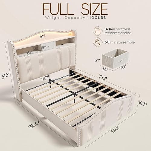 CIKUNASI 51.5" Full Size Bed Frame with Headboard and Storage | Velvet Upholstered Bed Frame with LED Lights & Charging Station | No Box Spring Needed Tall Footboard White thumbnail 2
