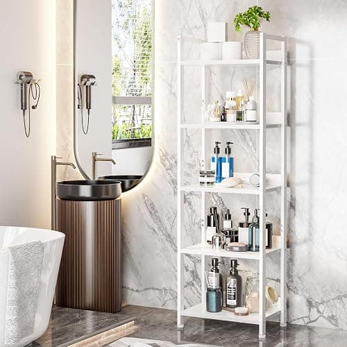 Furologee 5 Tier Bookshelf with Drawer, Tall Narrow Bookcase with Shelves, Wood and Metal Book Shelf Storage Organizer, Modern Display Standing Shelf Unit for Bedroom, Living Room, Office, White thumbnail 9