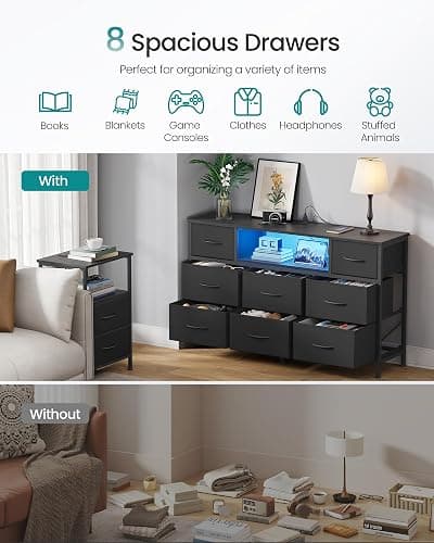 SONGMICS BELLAH Collection - Dresser for Bedroom with Outlets and LED Lights, TV Stand for TVs Up to 55 Inches, Chest of Drawers, 8 Drawers, Steel, Industrial, Modern, Ink Black ULGS433BH02S thumbnail 6