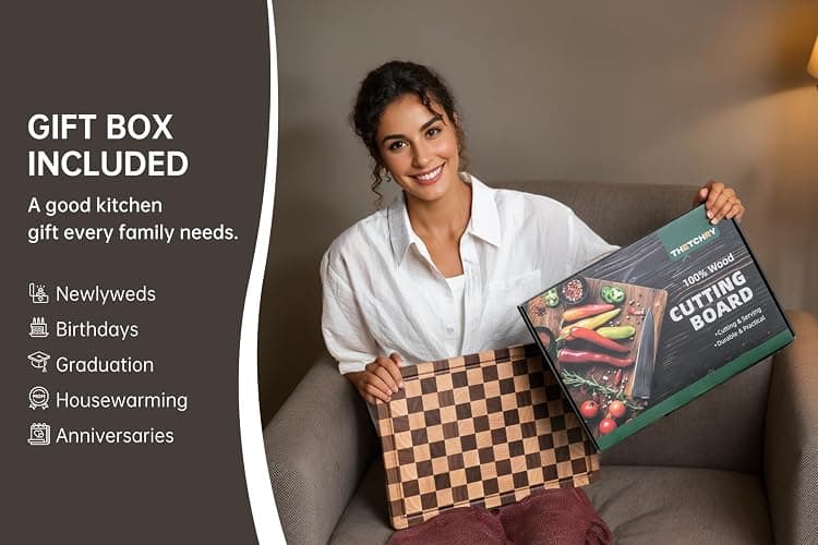 THETCHRY Cutting Boards for Kitchen, Design in USA Large Acacia Wood Chopping Board, Checkered Cutting Board with Juice Grooves & Handles, Butcher Block Serving Tray with Gift Box 16.5" x 11.6" x 0.8" thumbnail 7