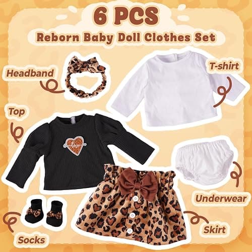 BABESIDE 6-Piece Reborn Baby Doll Clothes Set for 17-22 Inch Dolls | Baby Doll Clothes with Leopard Dress, Headband, Coat, Reusable Doll Diaper and Socks,Pretend Play Gift for Birthday thumbnail 5