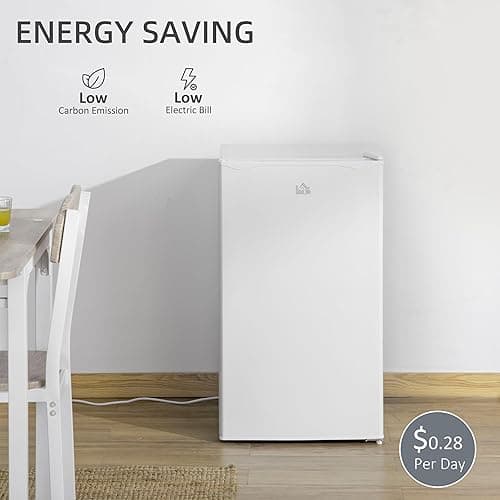 HOMCOM 3.2 Cu.Ft Mini Fridge with Freezer, Single Door Compact Refrigerator with Adjustable Thermostat, Shelf and Reversible Door for Bedroom, Dorm, Home Office, Energy Efficient, White thumbnail 9