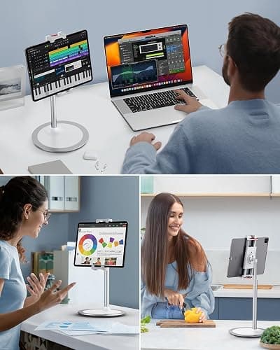 SAIJI iPad Stand for Desk - Height Adjustable & Weighted Base Phone Holder | Aluminum Stand with a 360° Rotating Clamp, Extra Tall, for iPad Air/Pro iPhone & Portable Monitor, Fits 4.7"–15.6" Screens thumbnail 6
