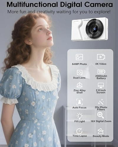 Vitaler Digital Camera with Front Rear Lens, Autofocus 64MP 4K Camera for Photography with 32GB Card, Portable Compact Point and Shoot Camera for Teens Adult Beginner with Metal Shell, 2000mAh Battery thumbnail 5