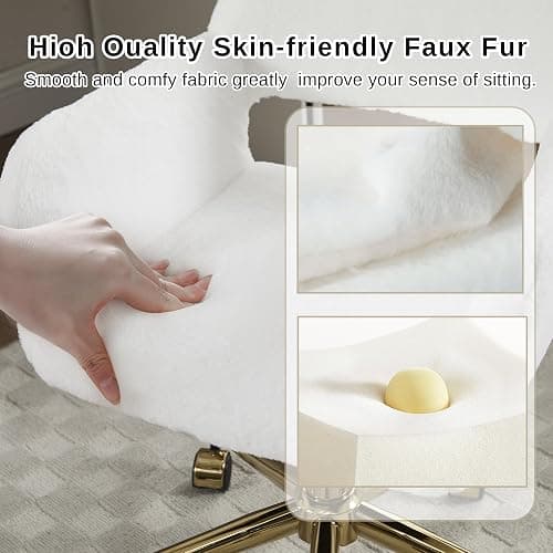 HENGJIANYI Faux Fur Swivel Desk Chair, Modern Fluffy Makeup Vanity Chair, Height Adjustable Armchair with Gold Base, Ergonomic Office Chair with Hollowed Back, White thumbnail 5