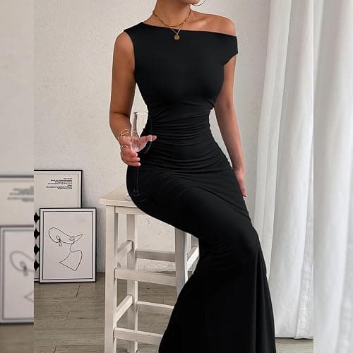 Gkaopi Robe Femme Sexy sans Manches Une Épaule Robes Longue Moulante Elégant Bodycon Maxi Robe de Soirée D'éte Décontracté Plissée Couleur Unie Wrap Robes pour Clubbing Cocktail Prom Fête thumbnail 5