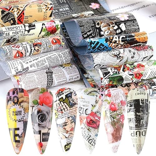 Retro Newspaper Nail Art Foil Transfer Stickers,Nail Art Supplies Holographic Nail Foil Flower Decals English Letters Butterfly Cool Romantic Punk Designs for Woman Manicure Decorations 10PCS - Image 1