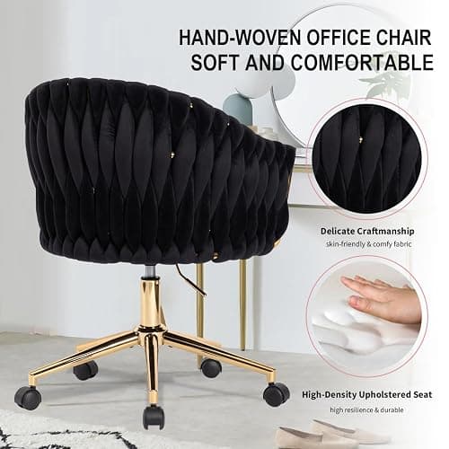 Comermax Velvet Office Chair with Hand Woven, Black Vanity Chairs with Golden Wheels, 360° Swivel Home Office Desk Chair Computer Chairs, Accent Chair Makeup Chair for Bedroom, Living Room(Black) thumbnail 5