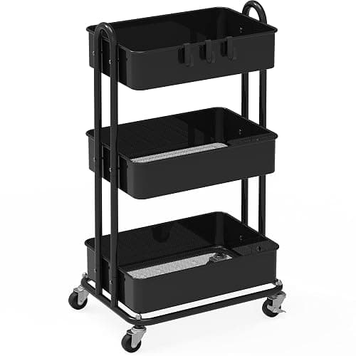Simple Houseware 3-Tier Heavy Duty Metal Utility Rolling Cart, Black - Image 1