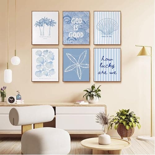 Kabcod 6Pcs Blue Coastal Wall Art,Beach Preppy Poster,Coastal Granddaughter Canvas Prints,Aesthetic Beachy Picture,Coast Ocean Shell Artwork,for Girls Girly Dorm Home Decor 8x10x6 Inch Unframed thumbnail 3