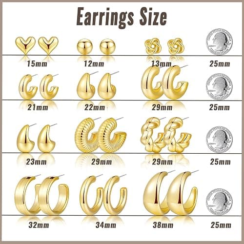 12 Pairs Chunky Silver Hoop Earrings for Women Trendy, Silver Plated Lightweight Thick Open Twisted Stack, Non Tarnish Huggie Hoops Earring Set thumbnail 6